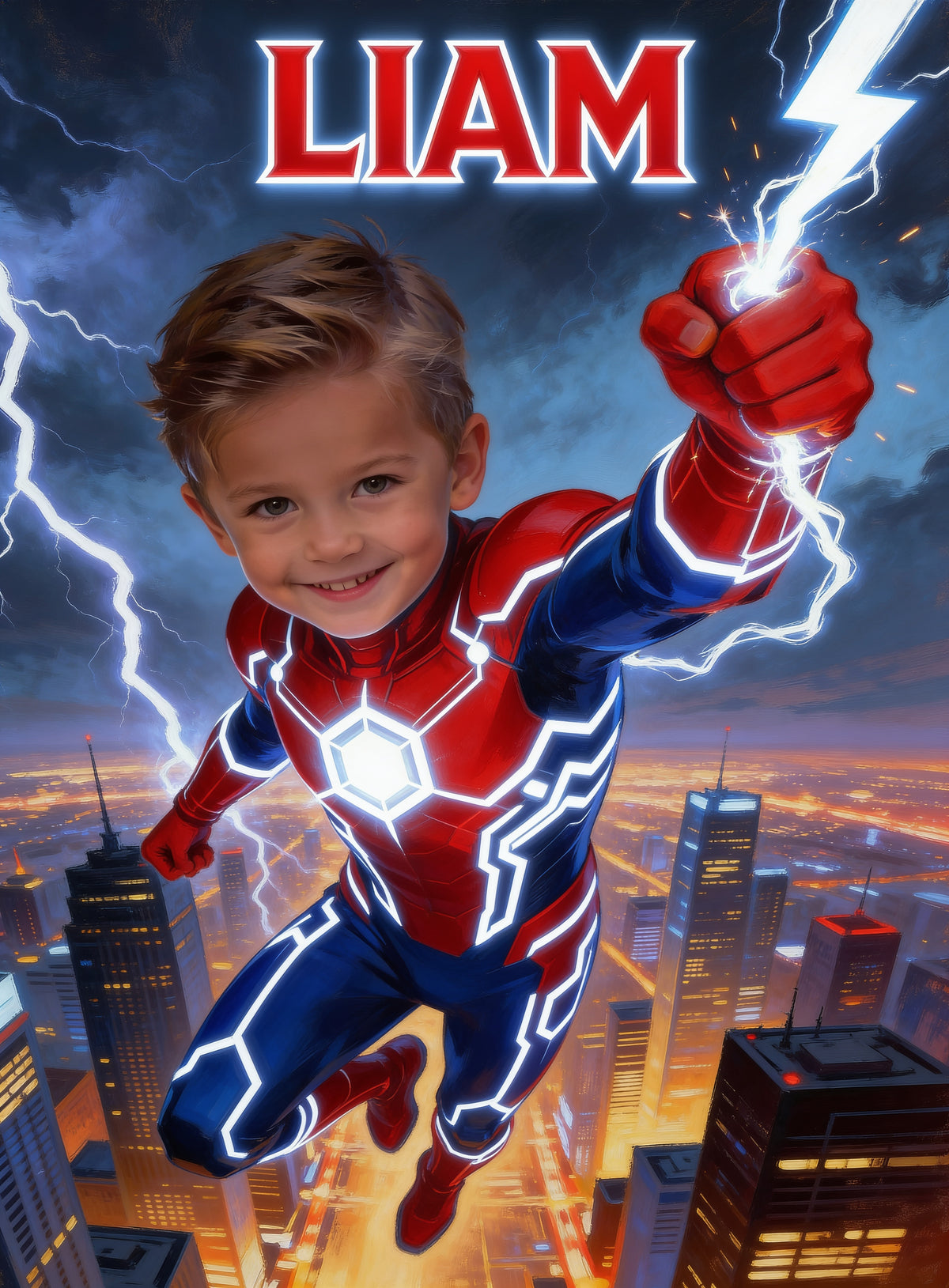 Personalized Strikeboy superhero portrait with the child's name written across the sky