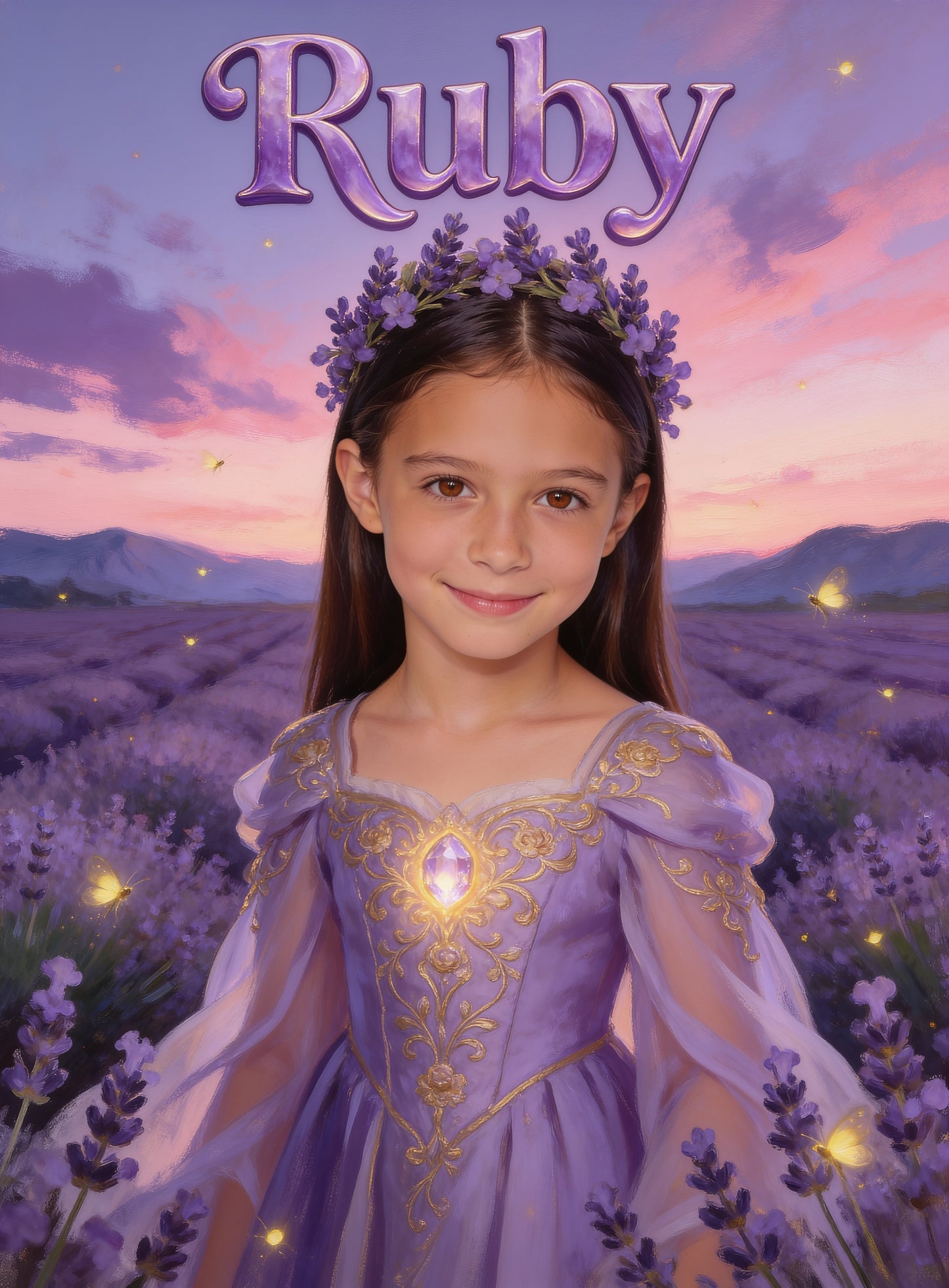 🪻 LAVENDER PRINCESS personalized name preview — flowing gown folds