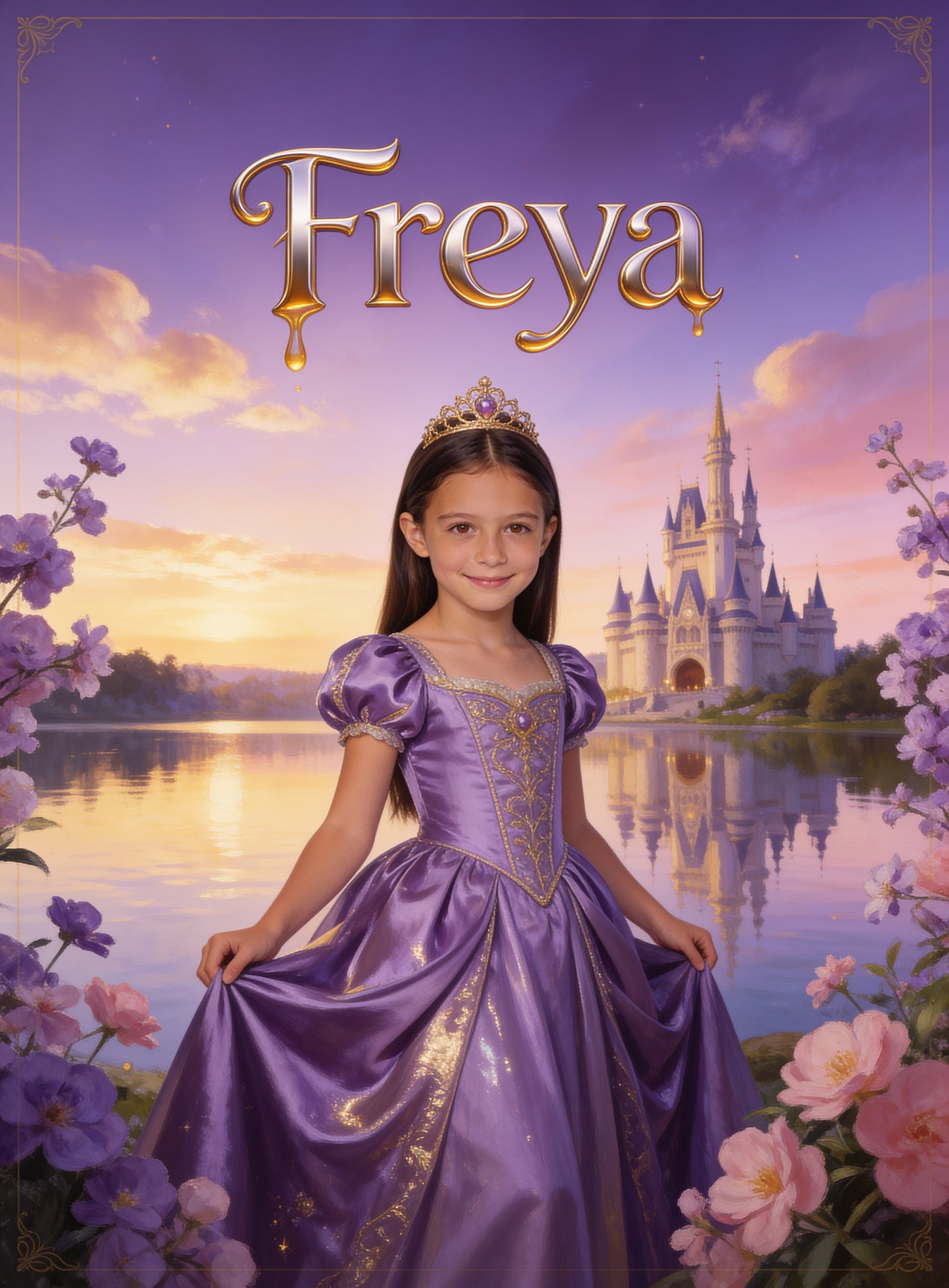 🪻 PURPLE PRINCESS personalized name preview — liquid golden embroidery