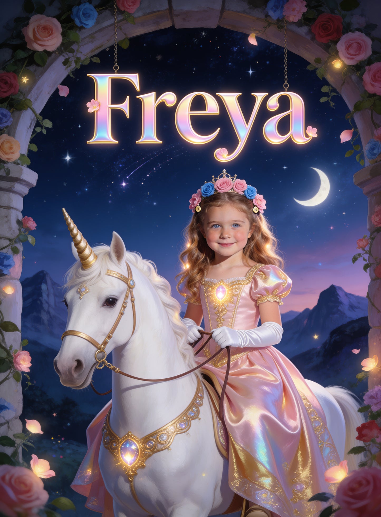 🦄 UNICORN PRINCESS personalized name preview — satin rim-light serifs