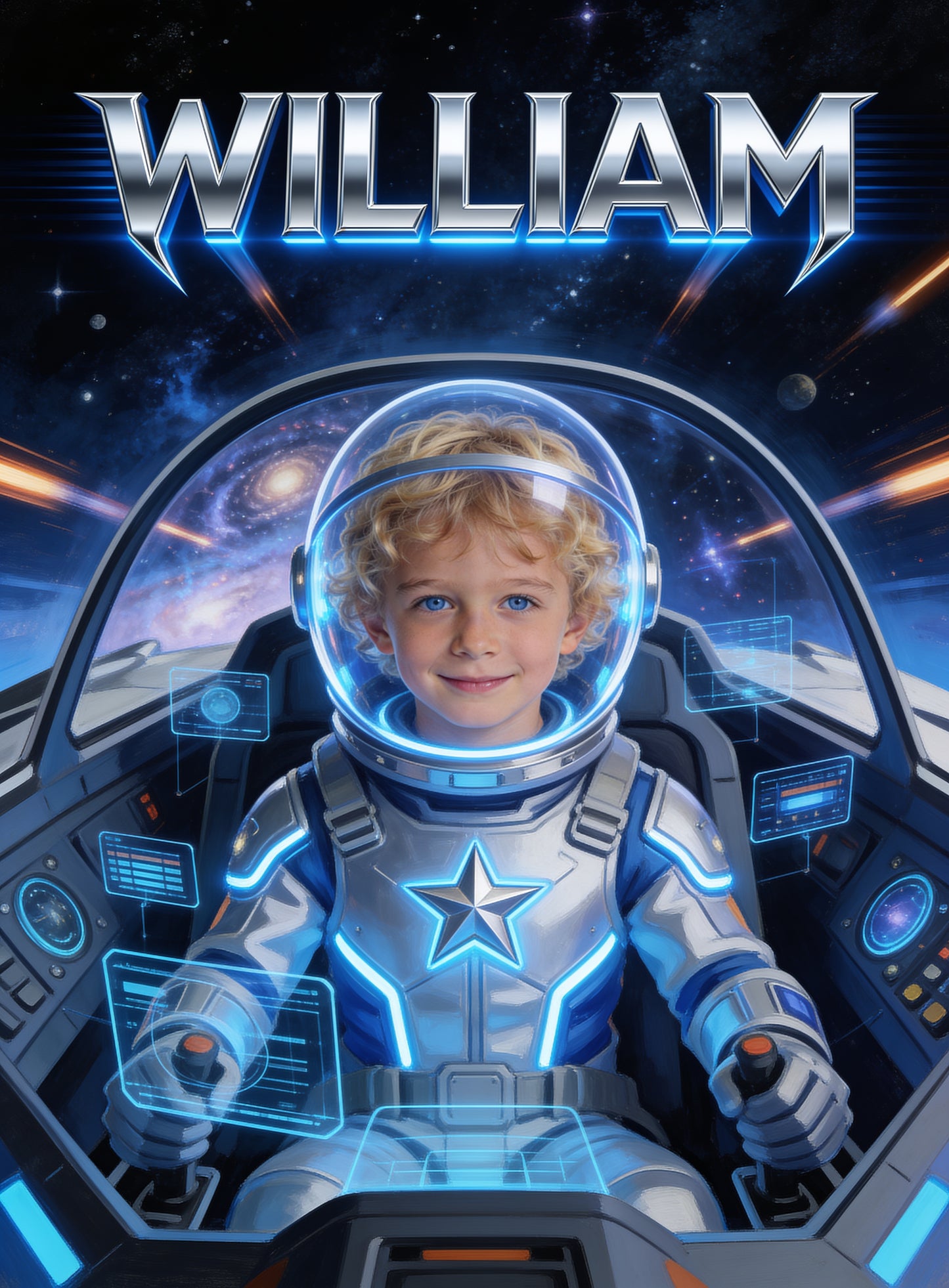 🚀 COSMIC PILOT personalized name preview — silver alloy thrust