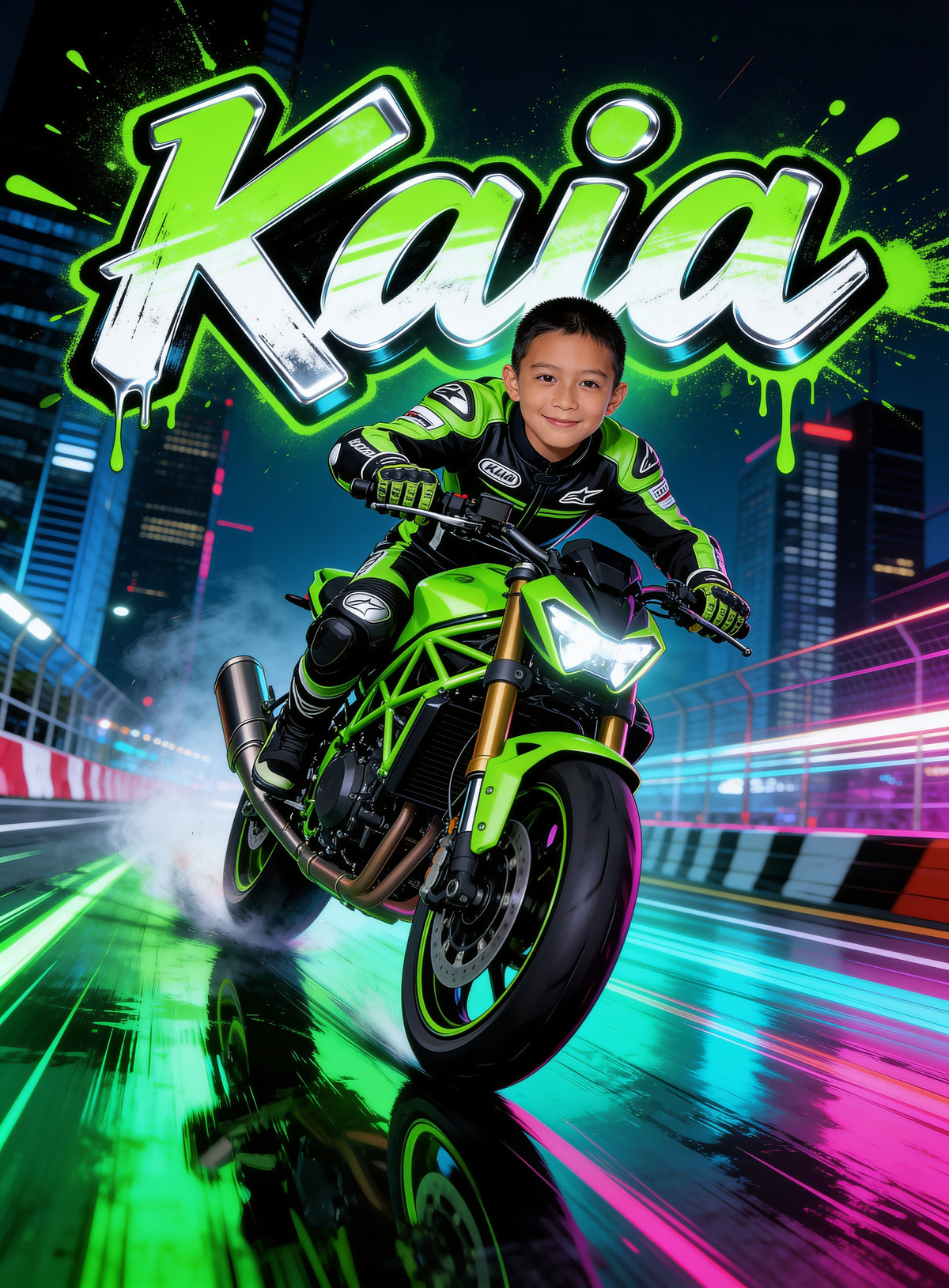 🏍️ NEON STUNT RIDER — Boy personalized preview with name