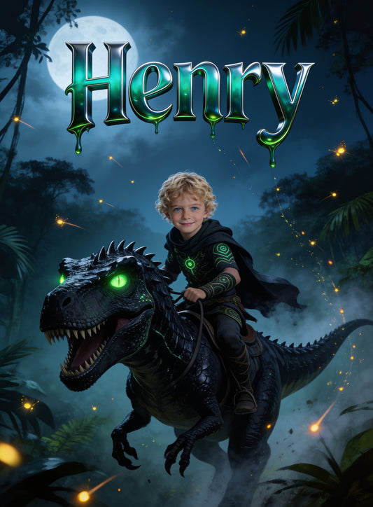 🦖 NIGHT DINO T-REX RIDER personalized name preview — molten emerald pour