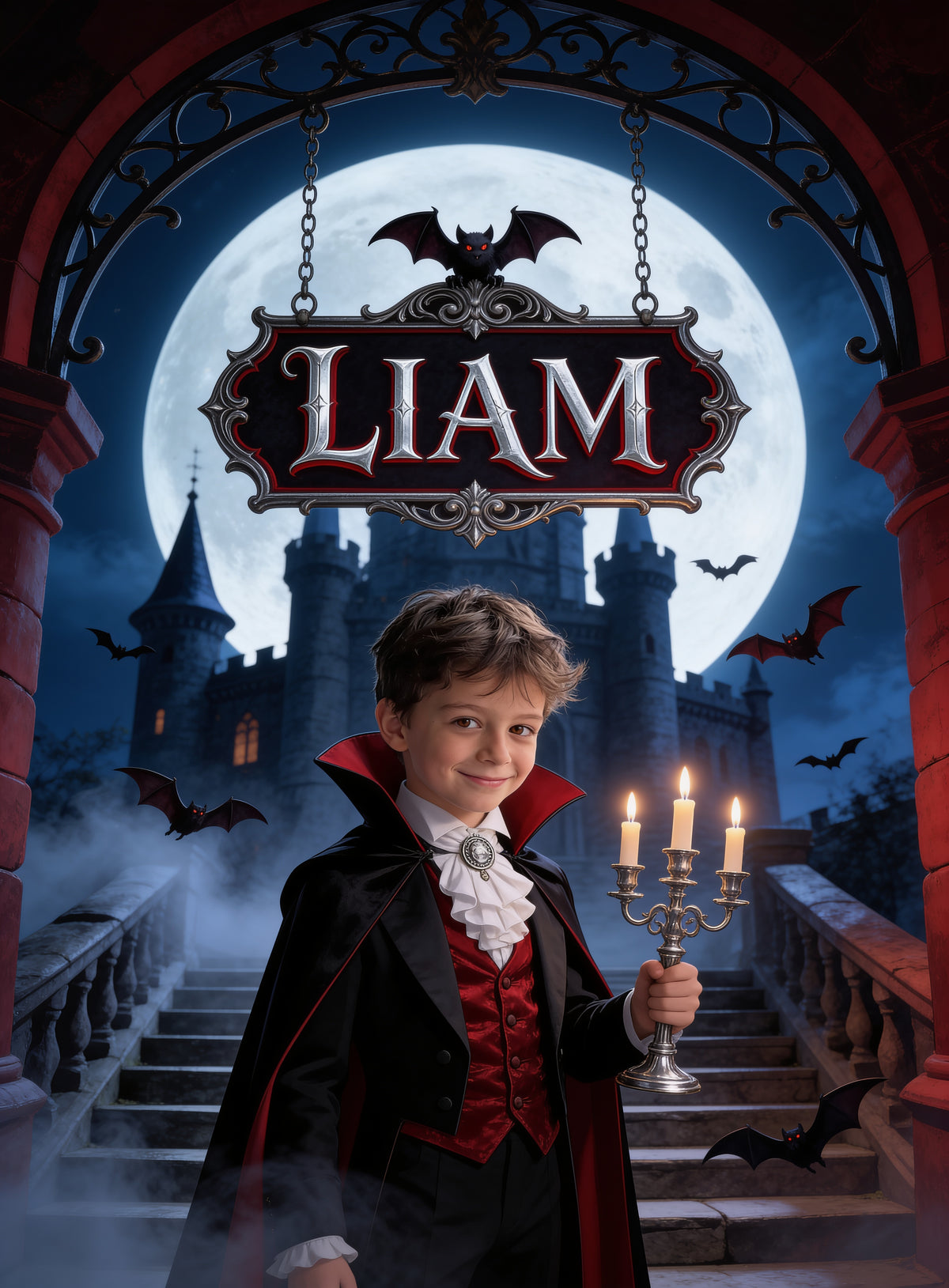 Personalized with his name: little vampire count below a hanging castle sign with his name