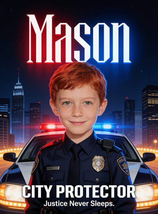 👮♂️ CITY PROTECTOR personalized name preview — siren-lit skyline title
