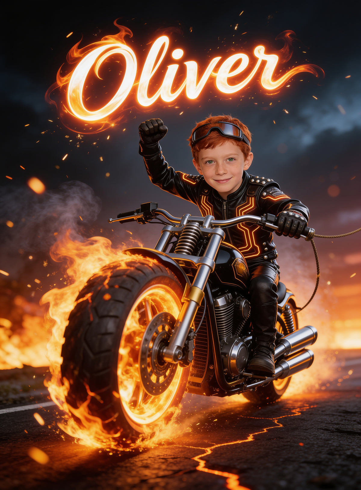 🏍️ FLAME RIDER BOY — Boy personalized preview with name