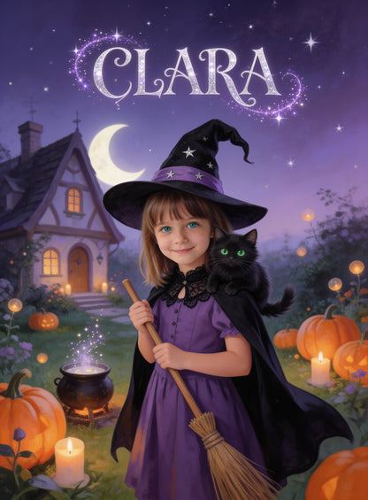 Personalized with her name: little witch with a black kitten and her name in sparkling letters