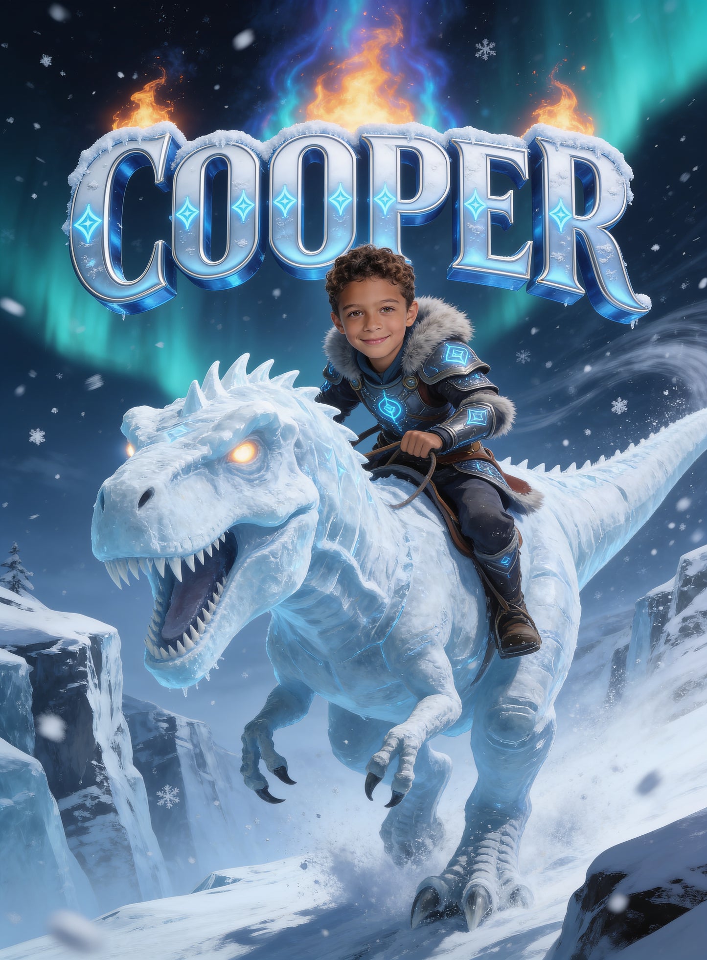 🦖 ICE T-REX RIDER personalized name preview — colossal beast charge