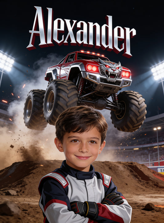 🛻 MONSTER TRUCK CHAMPION personalized name preview — blazing arena floodlights