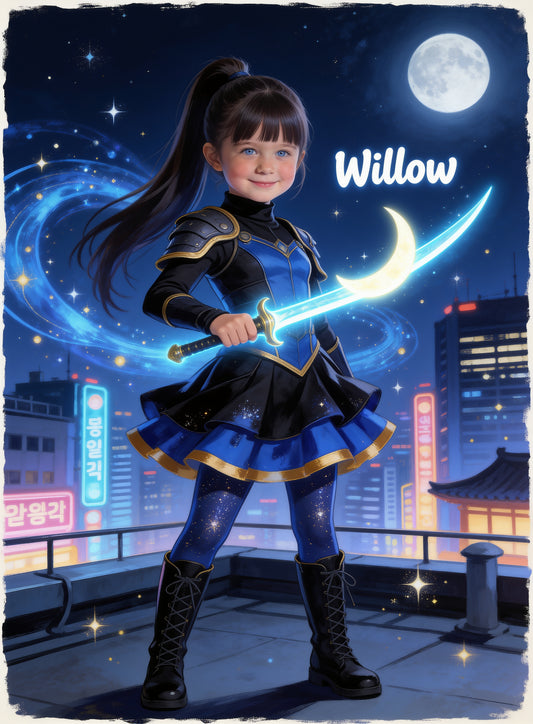 🌙 Moonblade Guardian personalized name preview — hunter skirt folds