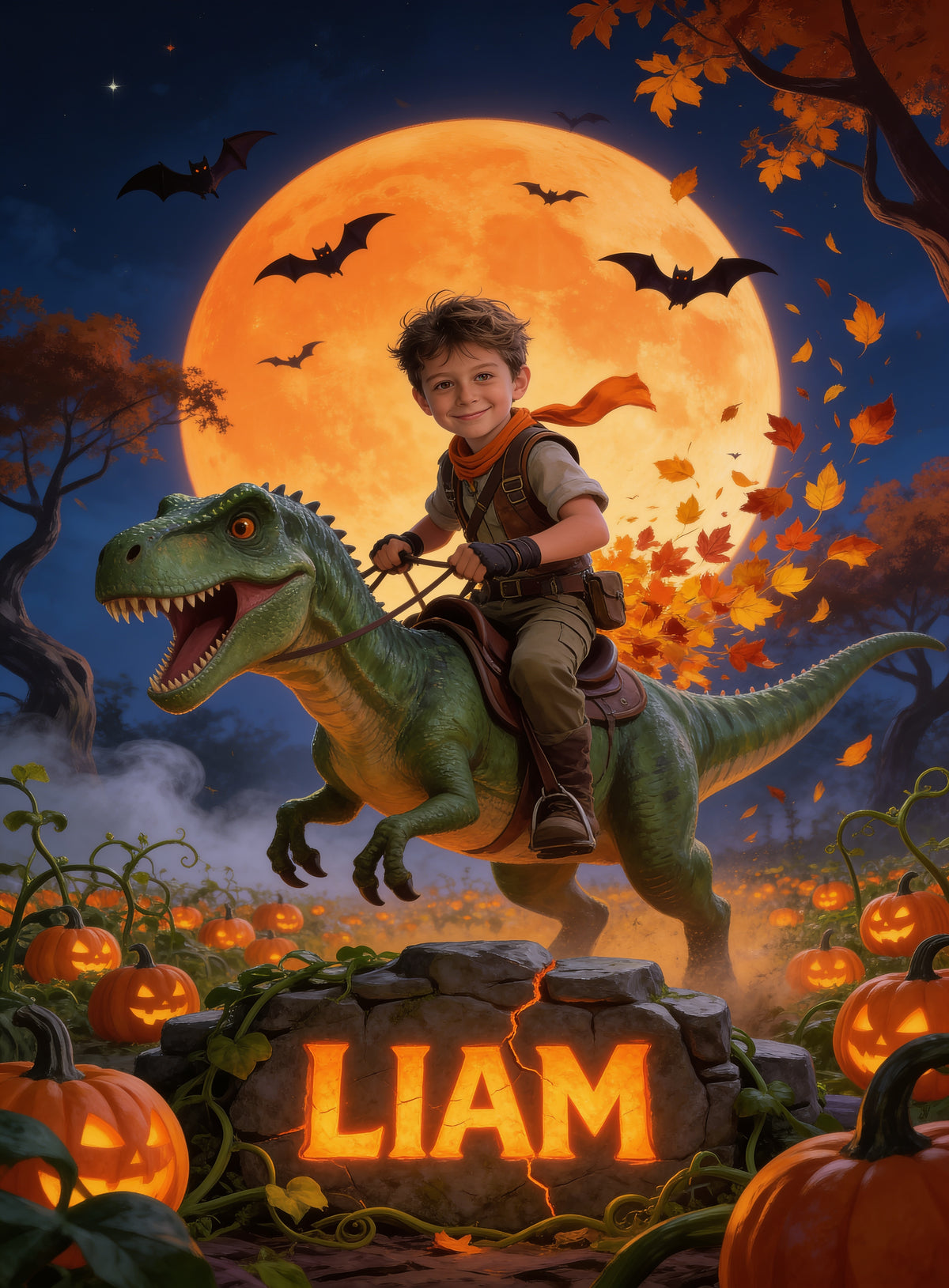 Personalized with his name: boy riding a T-Rex past a glowing carved-stone name in a pumpkin patch