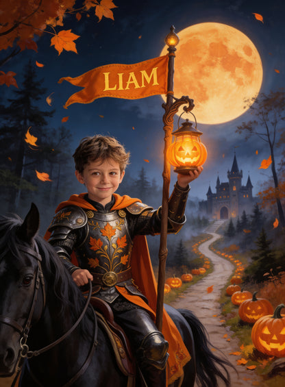 Personalized with his name: pumpkin knight on a black horse with his name on an orange banner