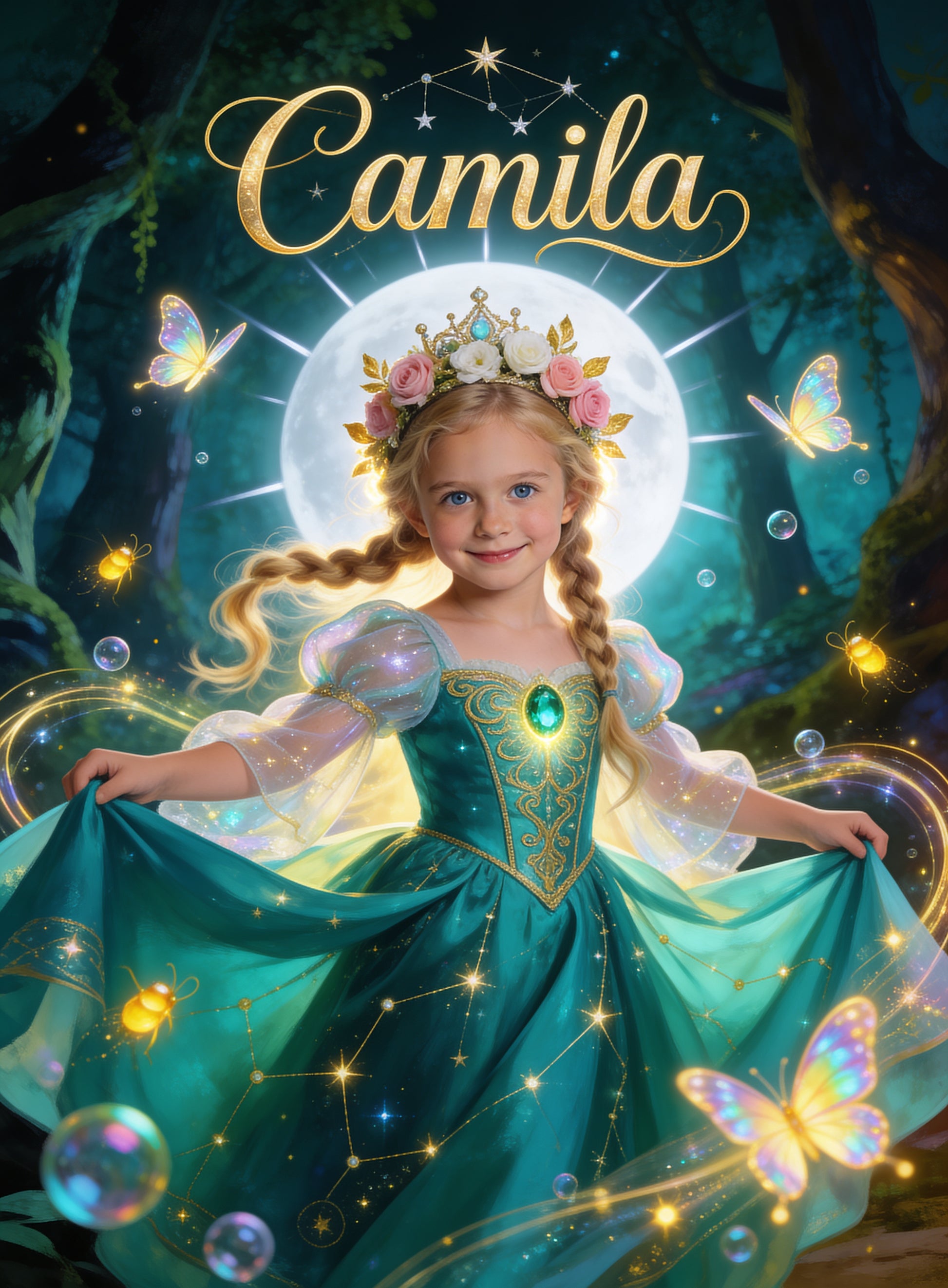 🪄 MAGICAL NIGHT PRINCESS personalized name preview — golden filigree constellations