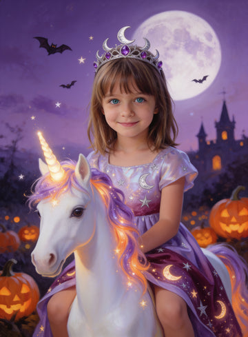 Girl in a lavender moon gown and silver crown riding a glowing white unicorn under a violet full moon with jack-o'-lanterns