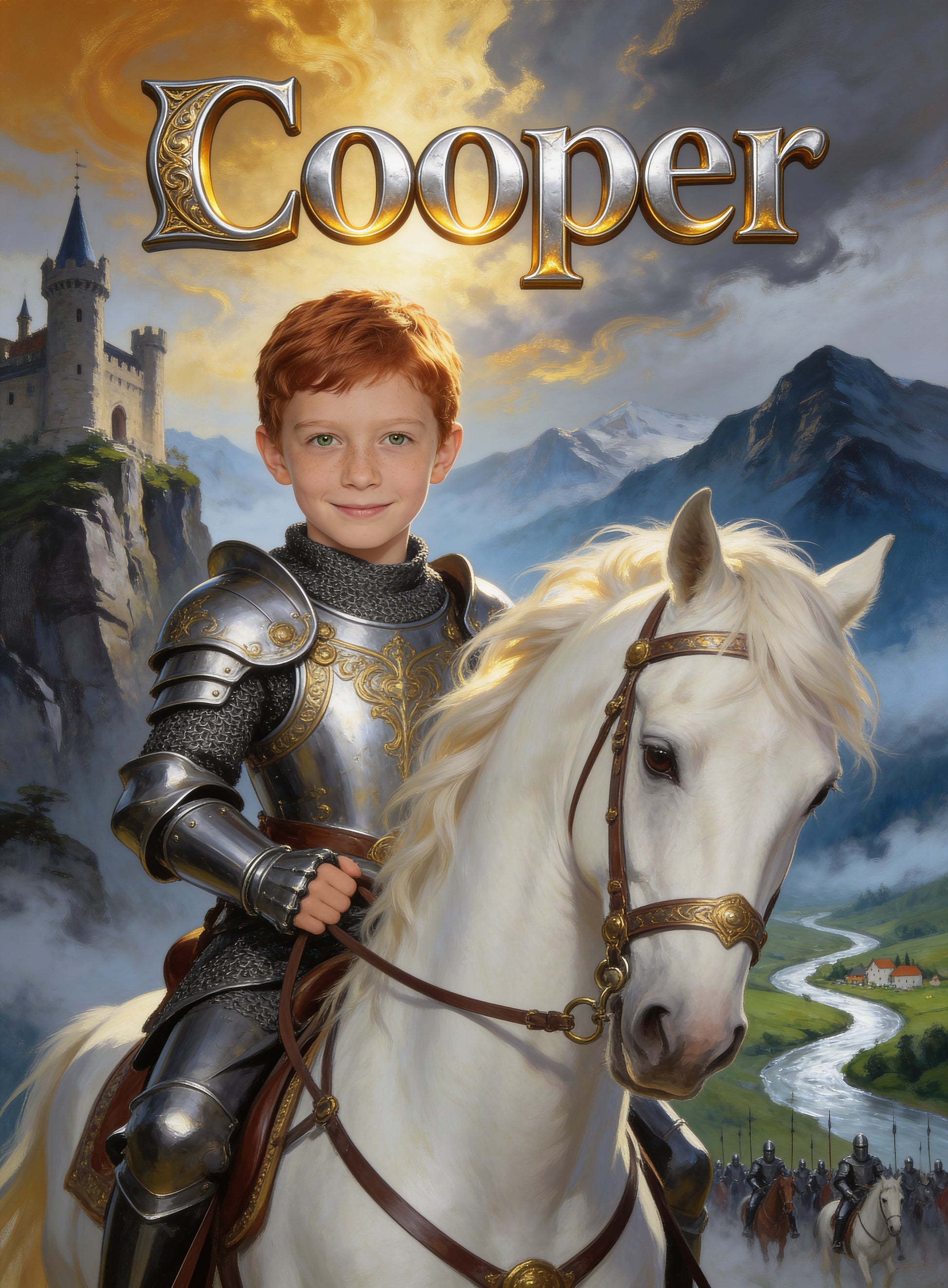 🗡️ THE HORSE KNIGHT personalized name preview — Silver Plate Armor