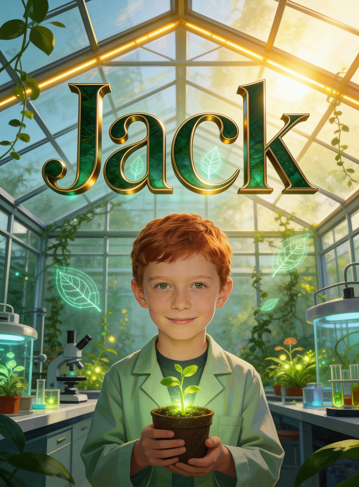 🍃 ECO SCIENTIST personalized name preview — brass greenhouse capitals