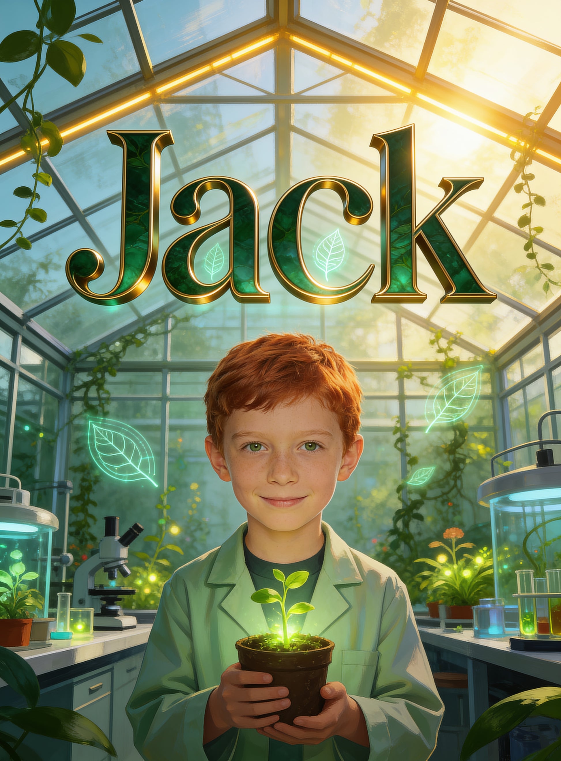 🍃 ECO SCIENTIST personalized name preview — brass greenhouse capitals