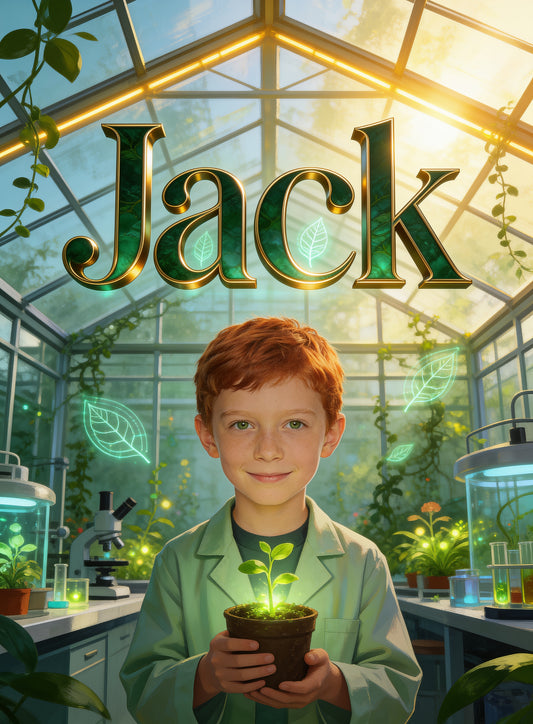 🍃 ECO SCIENTIST personalized name preview — brass greenhouse capitals