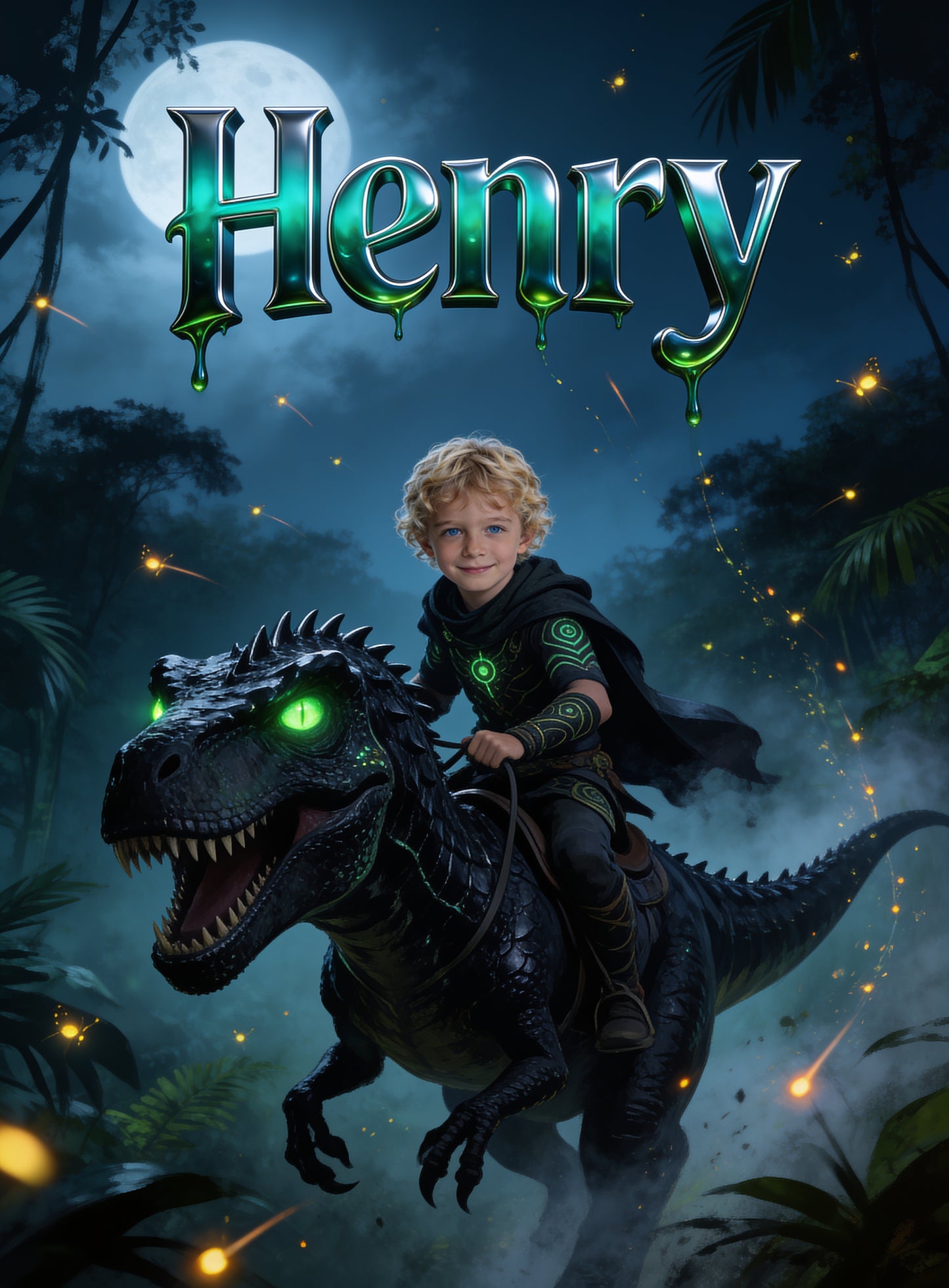 🦖 NIGHT DINO T-REX RIDER personalized name preview — molten emerald pour