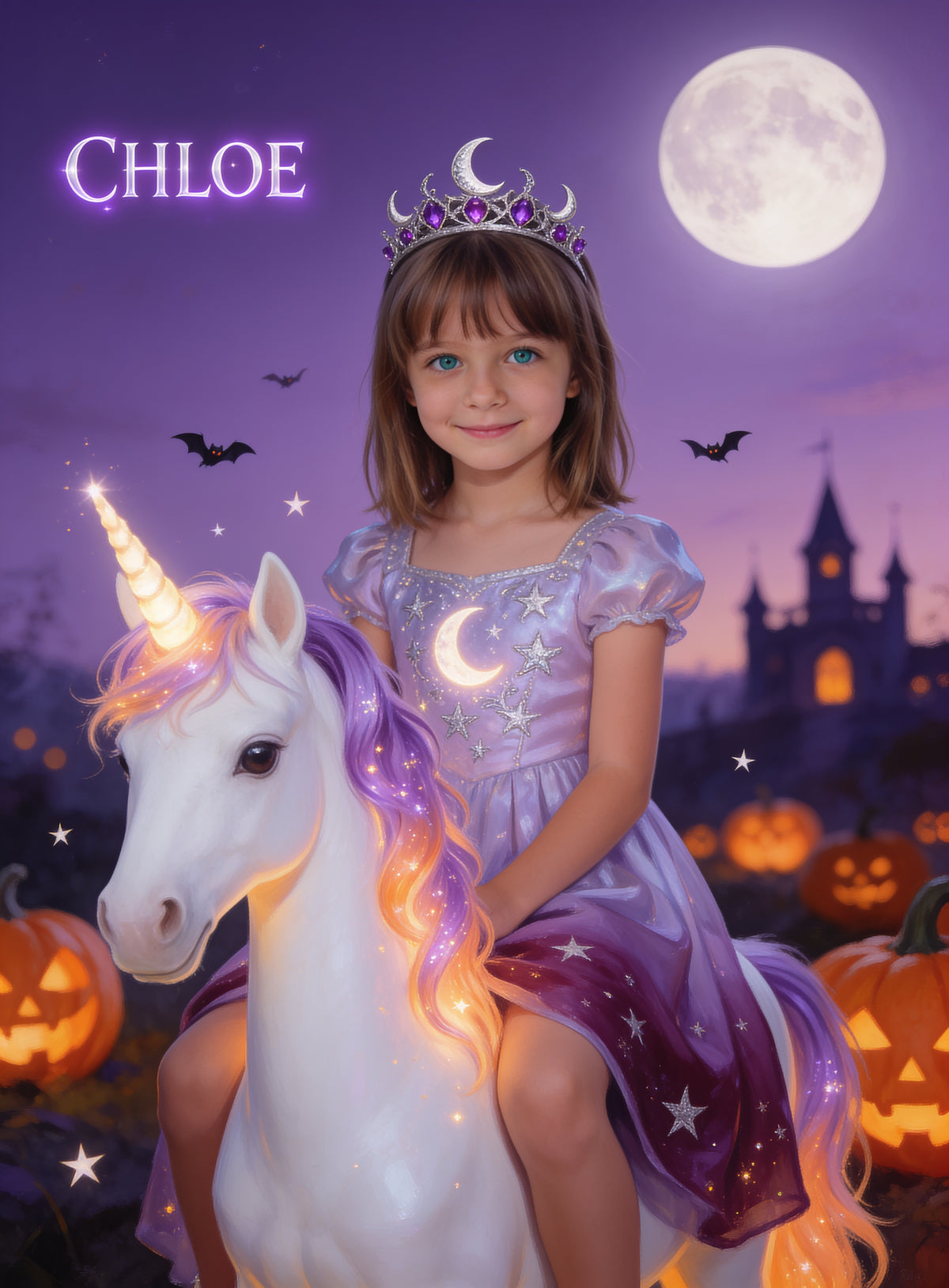 Personalized with her name: girl on a glowing unicorn with her name in silver letters under a violet full moon