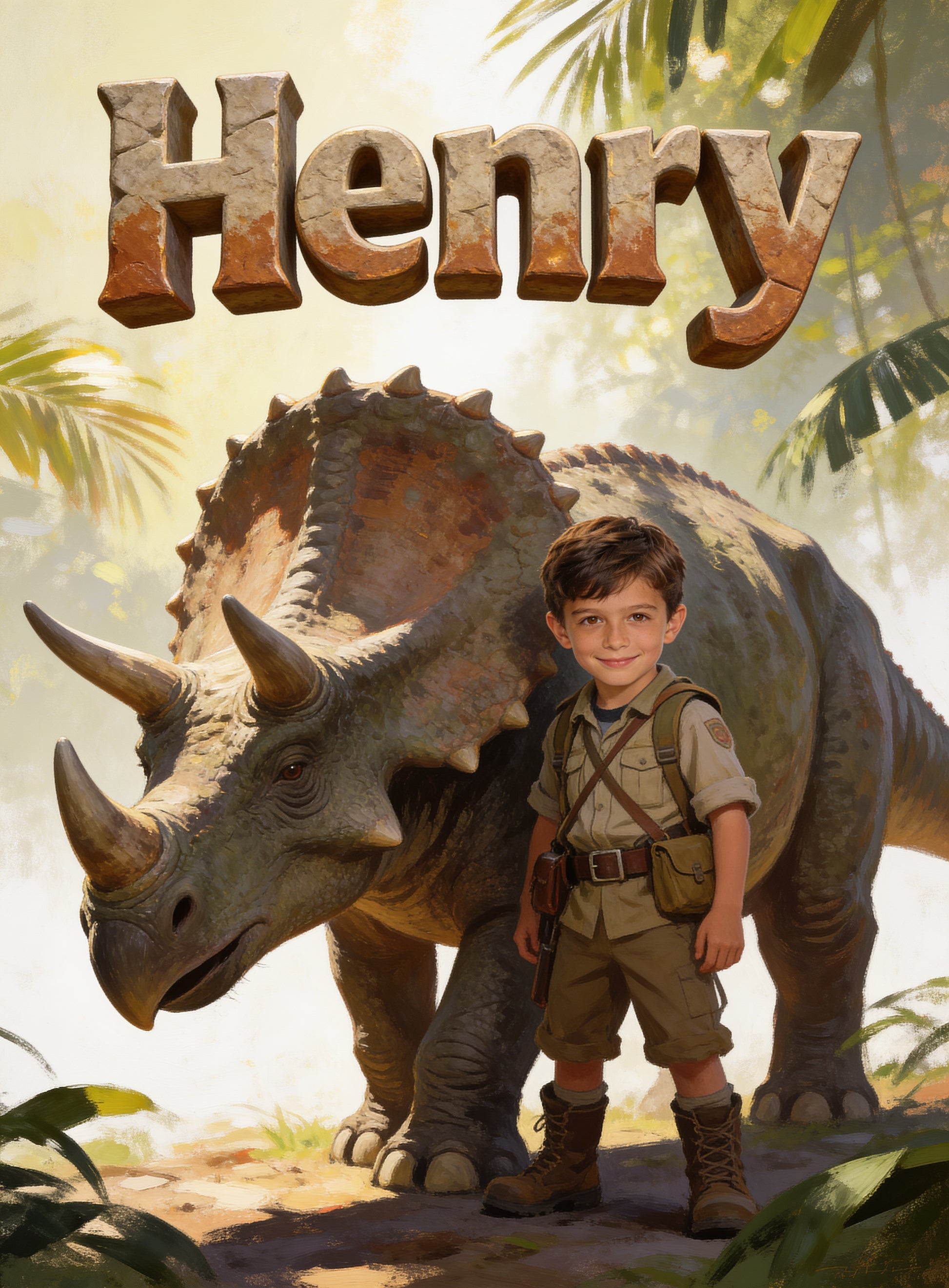 🦖 DINO TRICERATOPS GUARDIAN personalized name preview — braced guard plant