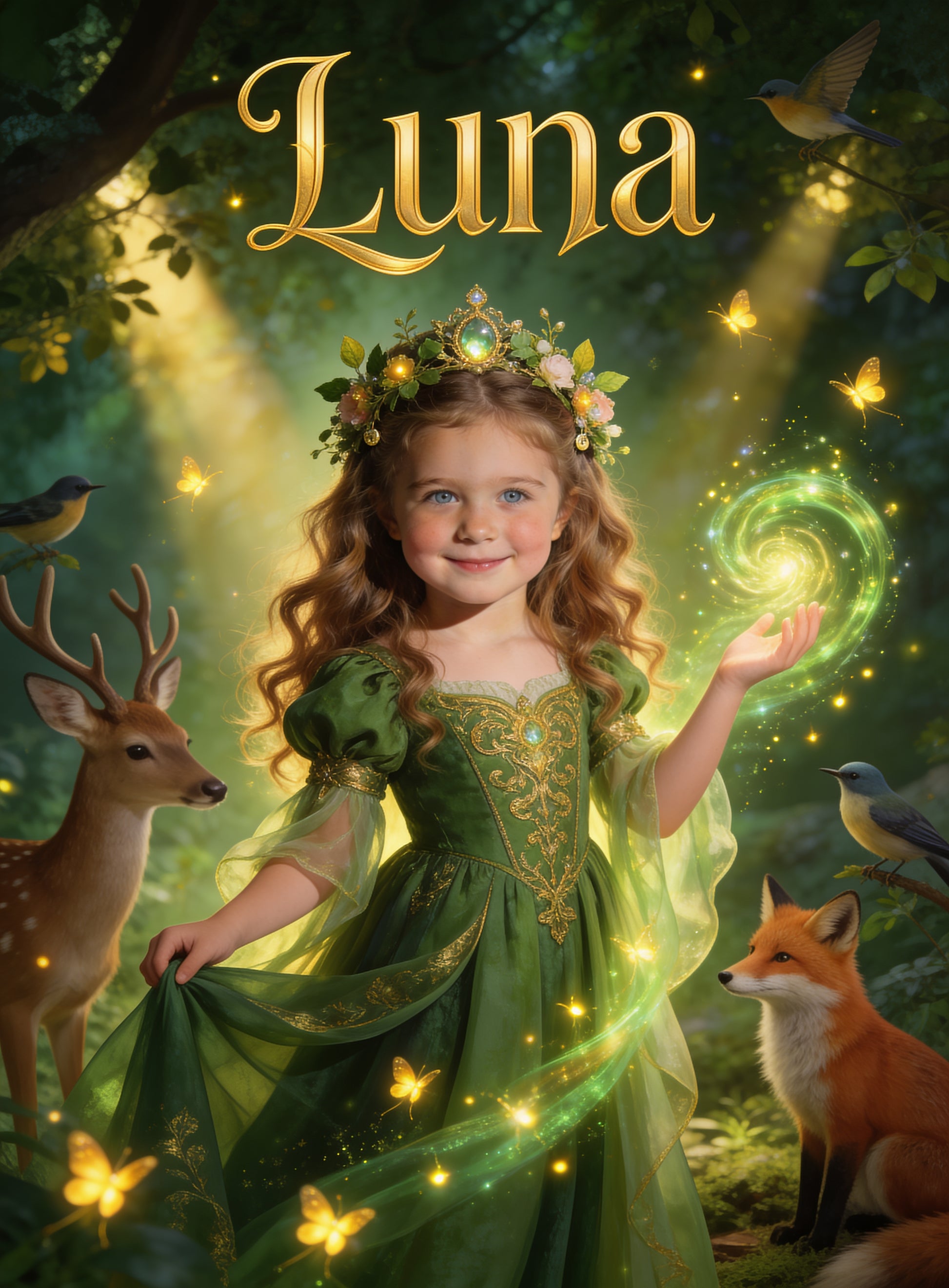 🦚 FOREST PRINCESS personalized name preview — magic writes her name