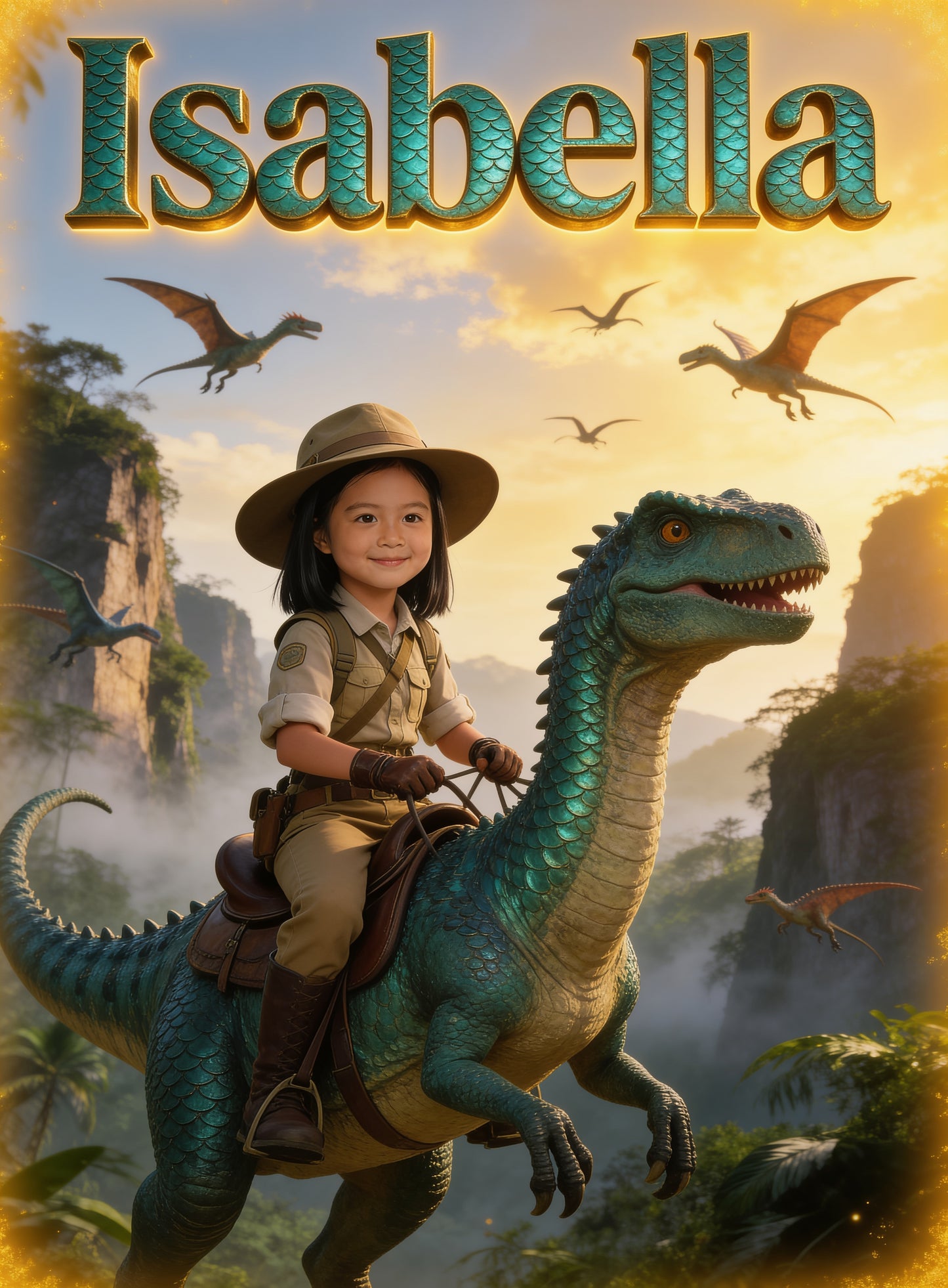 🦖 DINO ADVENTURER GIRL personalized name preview — teal scale capitals
