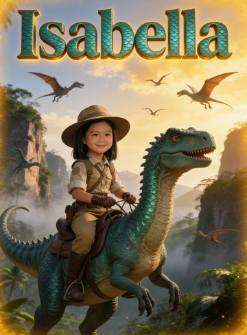 🦖 DINO ADVENTURER GIRL personalized name preview — teal scale capitals