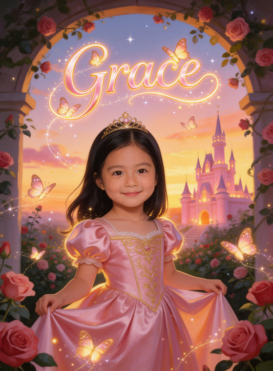 🌷 ROSE PRINCESS personalized name preview — butterfly trail cursive