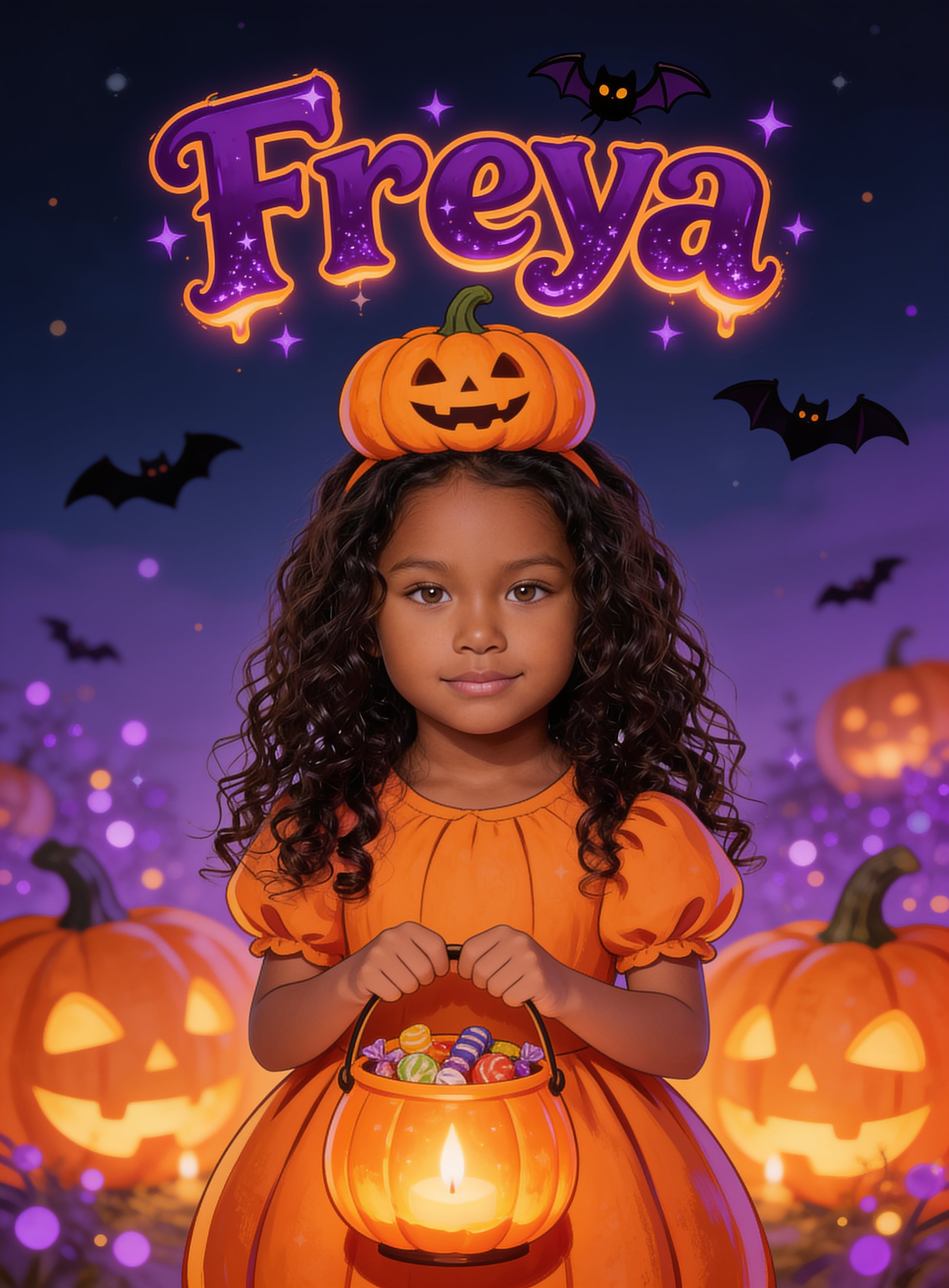 🎃 THE PUMPKIN GIRL personalized name preview — painted in bat-purple
