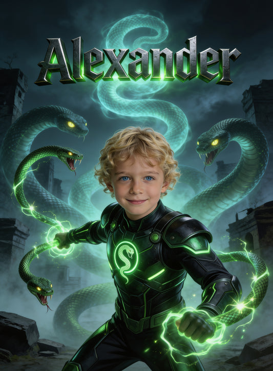 🐍 GREEN SERPENT HERO personalized name preview — forged serpent armor