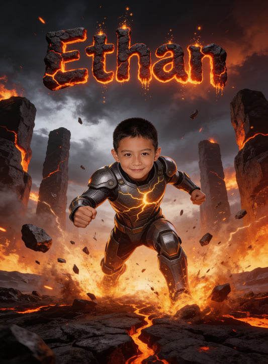 🪨 EARTH HERO personalized name preview — molten lava fissures
