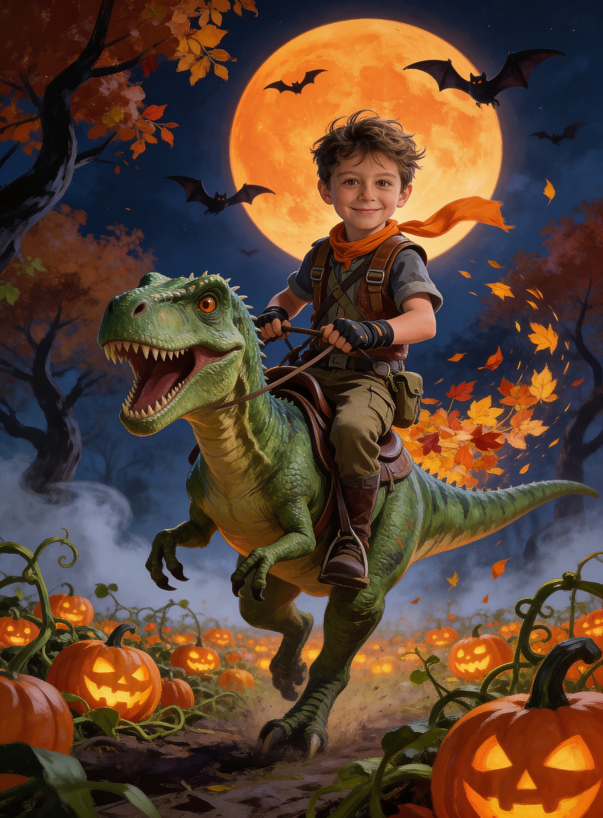 Boy riding a friendly T-Rex through a moonlit pumpkin patch