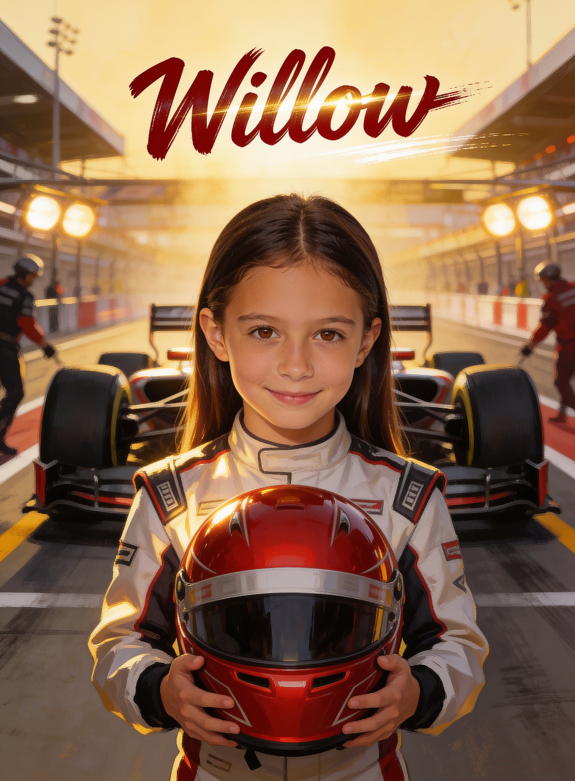 🏎️ F1 SERIES GIRL personalized name preview — painted in helmet red