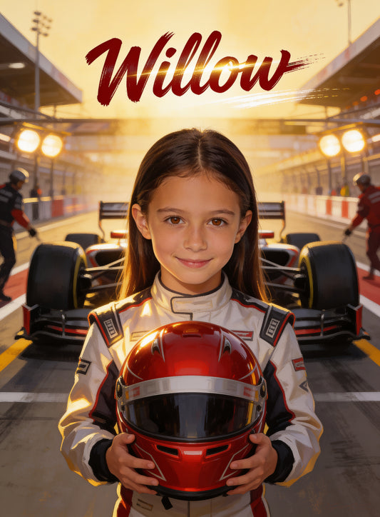 🏎️ F1 SERIES GIRL personalized name preview — painted in helmet red