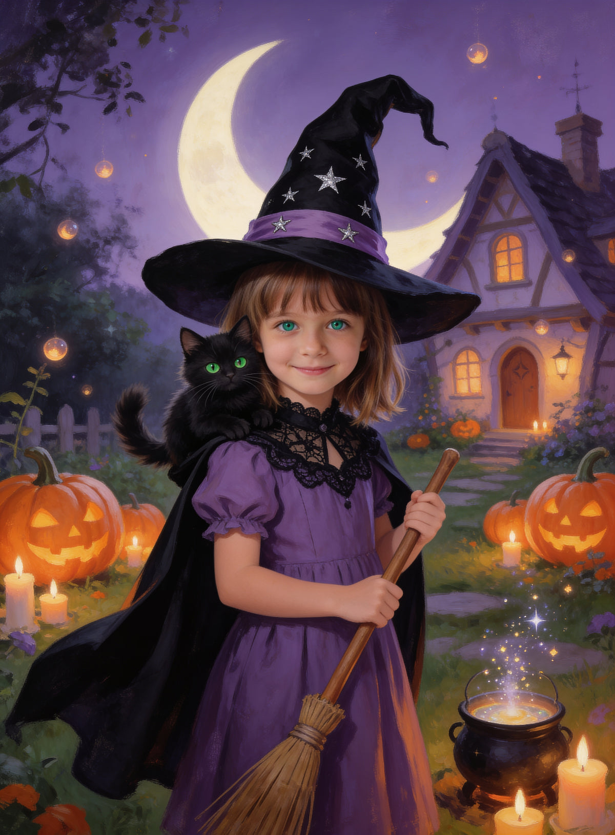 Girl as a sweet little witch with a black kitten and glowing pumpkins