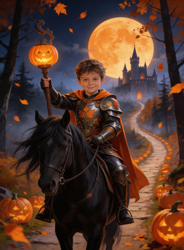 Boy as a knight on a black horse holding a glowing pumpkin lantern