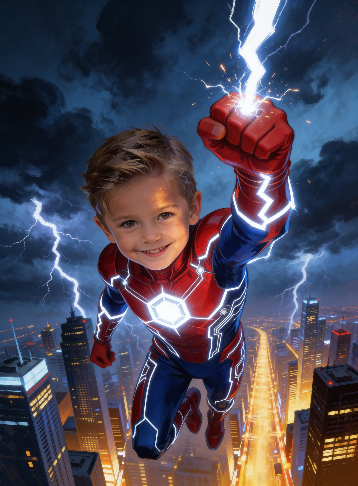 Personalized Strikeboy superhero portrait: a boy in a red and blue lightning suit flying over a city at night