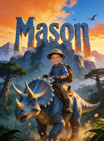 🦖 DINO ADVENTURER BOY personalized name preview — carved from the mountains