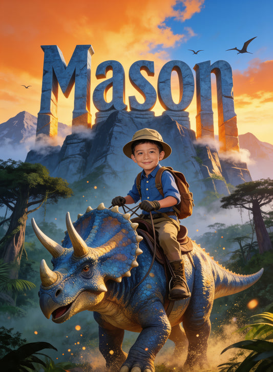 🦖 DINO ADVENTURER BOY personalized name preview — carved from the mountains