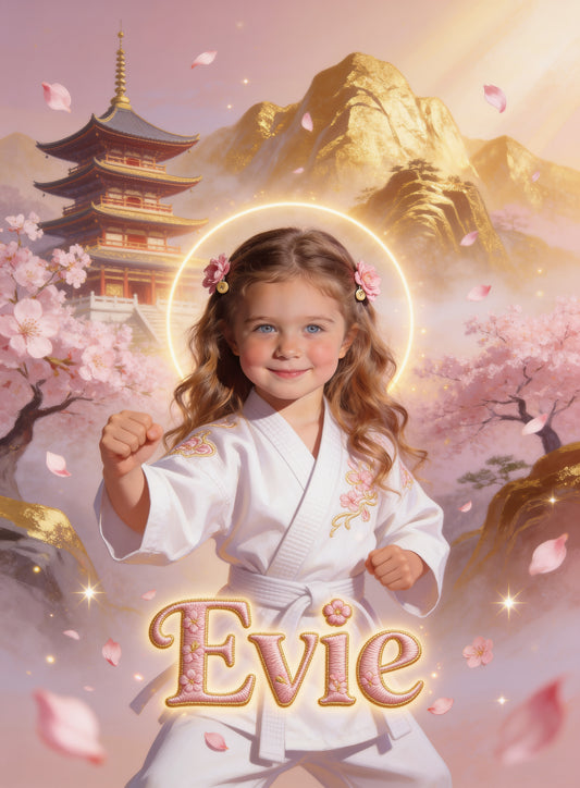 🥋 KARATE KID GIRL personalized name preview — embroidered storybook serif