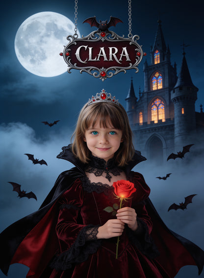 Personalized with her name: vampire princess below a hanging castle sign with her name