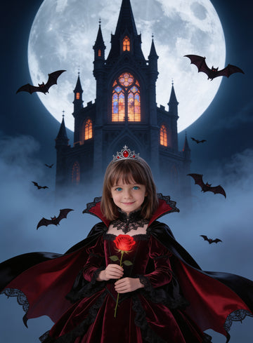 Girl as a vampire princess in a crimson gown before a moonlit castle